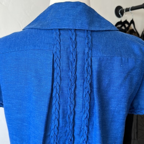 PERSAMAN New York Cobalt Blue Short Puff Sleeve Linen Blend Top, Size Medium - Picture 7 of 13